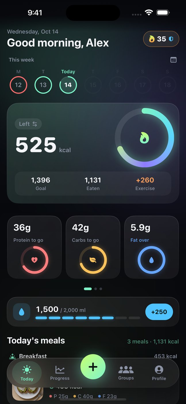 Kaka home screen showing calories left today