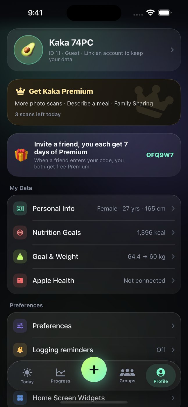 Kaka profile screen with personal info and nutrition goals