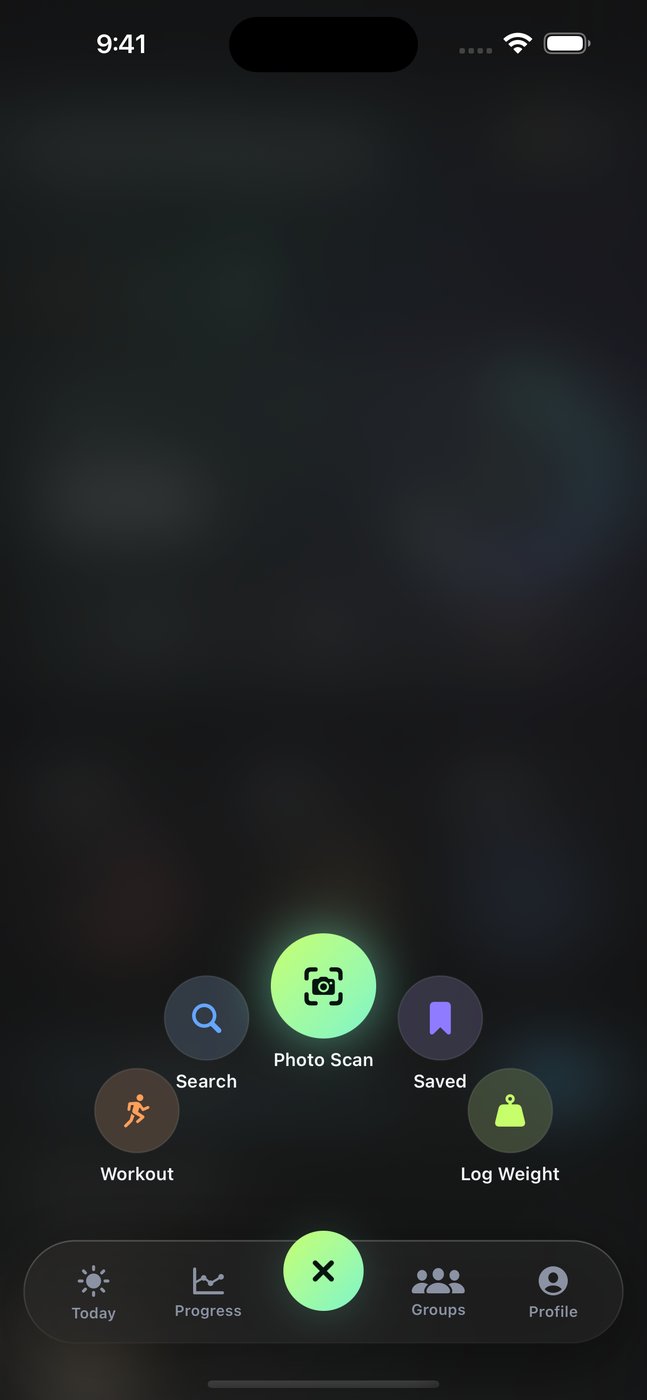 Kaka log menu with photo scan, food search, workouts and weight